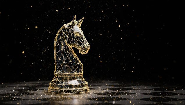 Dazzling golden wireframe knight chess piece glitters dramatically on a dark, checkered board with floating particles