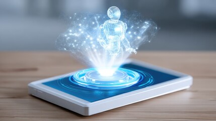 Futuristic holographic robot projection emerging from tablet on wooden surface in modern digital workspace