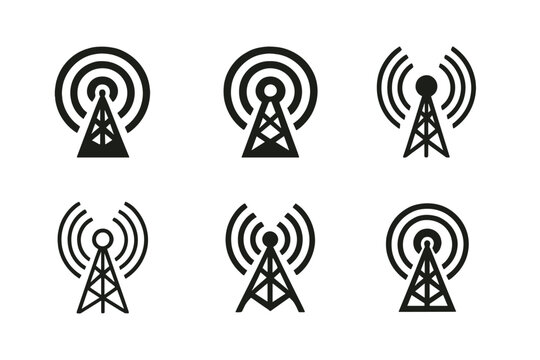 Timeless Radio Logos. old-school studio. Set Logo of old-school studio: radio tower with waves. harmonious logo variations of the same emblematic concept, each