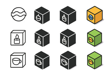 Relaxation Icon Set. Icon Set of Relaxation Boxes: Bath Bomb, Scented Candle, Herbal Tea. Icons set in vector style, emblematic