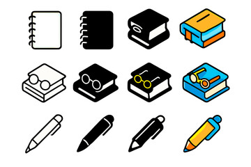 Colorful Learning Icons. Icon Set of Learning Journey: Notebook, Glasses on novel, Pen. Icons set in vector style, emblematic variations. Notebook line,