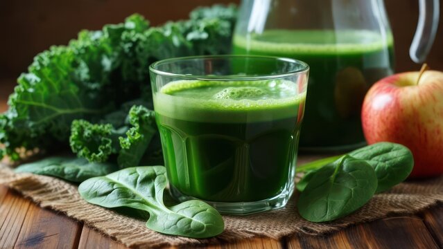 Vibrant green detox juice bursting with fresh kale and spinach, perfectly blended with an apple for a healthy lifestyle boost - Powered by Adobe