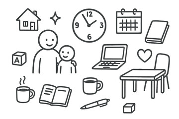 Parenting Productivity Doodle. Hand-drawn doodle illustration Parenting and productivity [parent figure, child figure, clock, calendar, laptop, notebook, pen,