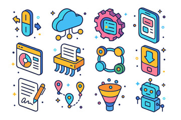 Digital Transformation Icons. Colorful isometric vector icons set of Digital transformation: analog to digital switch, cloud