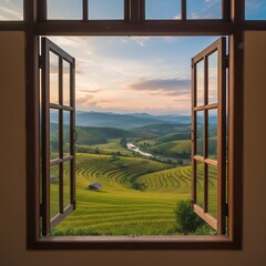 Fototapeta premium Stunning Rice Terraces View from Open Window at Sunset