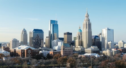 Stunning Skyline View of a Modern City with Tall Buildings and Clear Blue Sky