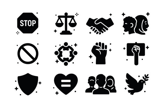Diverse Unity Icons. Anti-Discrimination. Solid icons set of stop sign, equality scale, handshake, diverse faces, no hate symbol,
