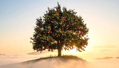 A solitary fruit tree on a hilltop at sunrise, bathed in golden light