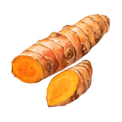 Watercolor painting of turmeric root and slice isolated on transparent background