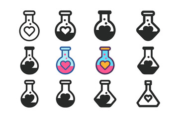 Flask Love Logos. Set Logo of Flasks: Flask with heart symbol (love potion). Logo set in vector style, emblematic variations. line, bold thick line, solid