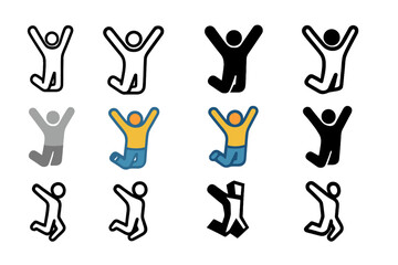 Jumping Joy Logos. Set Logo of Jumping for Joy: person mid-air with raised arms. Logo set in vector style, emblematic variations. line, bold thick line, solid