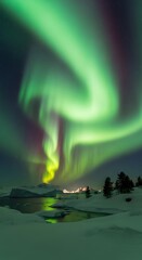 A vibrant aurora borealis illuminates a winter landscape of icebergs and snow-covered shores.