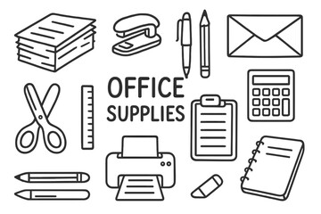 Office Supplies Doodle. Office Supplies. Hand-drawn doodle illustration catalog, paper stack, stapler, pen, pencil, ruler,
