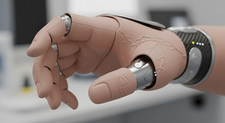 Close-up of modern prosthetic hand, healthcare technology concept