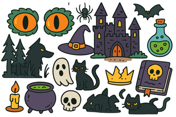 Fairytale Doodle Icons. Colorful Hand-drawn doodle Children illustration Hidden threat in fairytales dragon eyes, haunted castle,