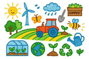 Sustainable Agriculture Doodles. Colorful Hand-drawn doodle Children illustration Sustainable Agriculture farm field, tractor,