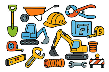 Colorful Construction Tools. Drainage Equipment. Colorful Hand-drawn doodle Children illustration shovel, wheelbarrow, trench digger, pipe cutter, blueprint,
