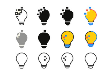 Pixel Light Bulb Logos. Set Logo of Graphic Design Innovation: Light bulb made of pixels. Logo set in vector style, emblematic variations. line, bold thick