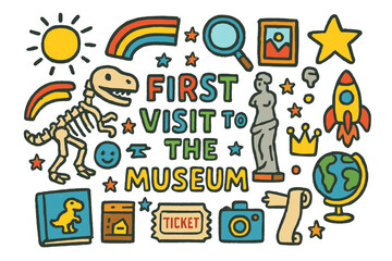 Naklejka premium First Museum Adventure. Colorful Hand-drawn doodle Children illustration First Visit to the Museum [dinosaur skeleton, painting, statue, star, magnifying