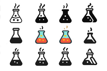 Fototapeta premium Flask Logo Variations. Set Logo of Flasks: Flask with bubbling potion and vapor. Logo set in vector style, emblematic variations. line, bold thick line, solid