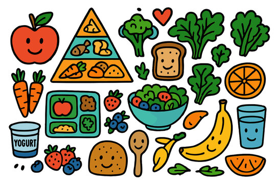 Healthy Eating Doodles. Colorful Hand-drawn doodle Children illustration Healthy eating food pyramid, apple, bowl of salad, carrots, yogurt cup, berries, lunch