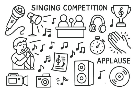 Singing Competition Essentials. Hand-drawn doodle illustration Singing competition [microphone, spotlight, headphones, judge panel, musical notes, trophy,