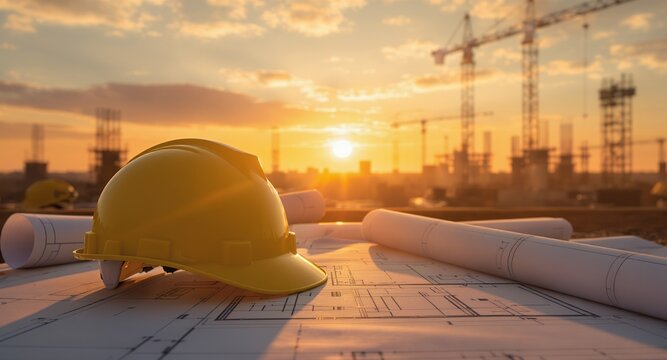 Sunset Construction Site with Hard Hat and Blueprints
