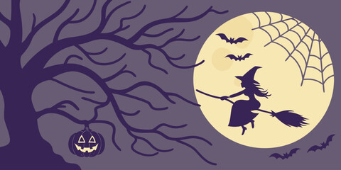 Halloween horizontal banner with vector logo. The inscription with ominous tree branches, bats and a pretty witch on a background of the full moon.