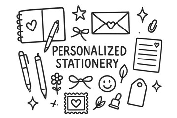 Doodle Stationery Icons. Hand-drawn doodle illustration Personalized stationery [notebook, envelope, paper sheet, pen, pencil, heart, star, sparkle, flower,