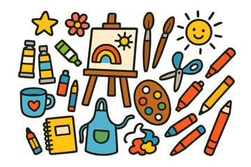 Art Studio Doodles. Colorful Hand-drawn doodle Children illustration Art Studio [easel, canvas, paintbrush, palette, paint tubes, apron, star, flower, rainbow,