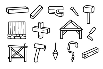 Medieval Timber Framework. Hand-drawn doodle illustration medieval timber framing timber beam, diagonal brace, mortise joint, wooden peg, wooden mallet, stone