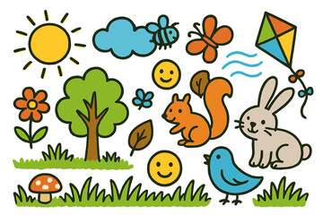 Vibrant Nature Doodles. Colorful Hand-drawn doodle Children illustration Blue sky over field sun, fluffy cloud, tree, flower, grass, bee, butterfly, squirrel,