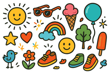Summer Ice Cream Fun. Colorful Hand-drawn doodle Children illustration Summer Ice Cream Walk [ice cream cone, popsicle, sun, sunglasses, shoes, star, rainbow,