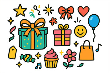 Colorful Celebration Doodle. Colorful Hand-drawn doodle Children illustration Gifts present box, ribbon, bow, confetti, star, heart, balloon, cupcake, candy,