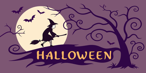 Halloween horizontal banner with vector logo. The inscription with ominous tree branches, bats and a pretty witch on a background of the full moon.