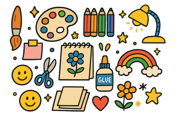 Creative Kids' Workspace. Colorful Hand-drawn doodle Children illustration Creative Workspace paintbrush, palette, sketchbook, colored pencils, sticky notes,