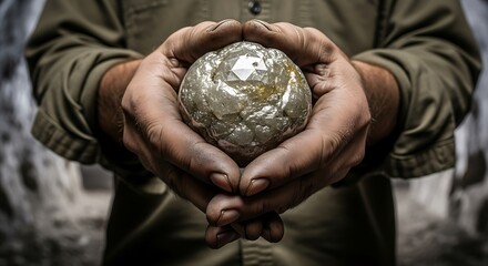 Rough diamond held gently in calloused hands, showcasing the raw beauty of a precious stone.