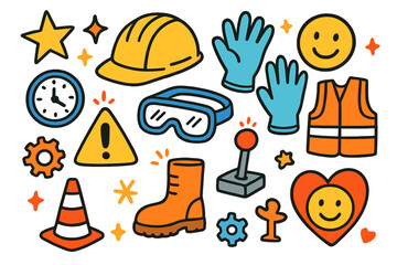 Industrial Safety Icons. Colorful Hand-drawn doodle Children illustration Industrial Safety helmet, gloves, goggles, safety vest, boots, warning
