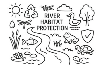 River Habitat Protection Icons. Hand-drawn doodle illustration River habitat protection [river, fish, reeds, frog, turtle, dragonfly, duck, stone, water lily,