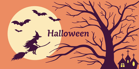 Halloween horizontal banner with vector logo. The inscription with ominous tree branches, bats and a pretty witch on a background of the full moon.