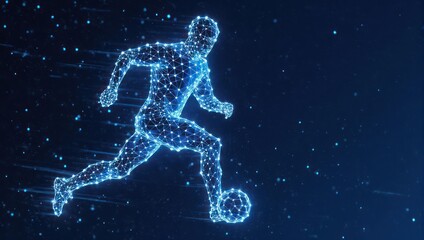 Dynamic digital athlete in glowing blue mesh plays soccer with a glowing ball against a dark starry background