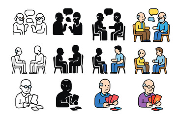 Senior Interaction Icons. Icon Set of Social interaction: group of seniors talking, elder with visitor, card games. Icons set in vector style, emblematic