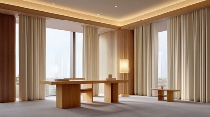 Modern Minimalist Interior Design with Wood Elements and Natural Light in Contemporary Office Space
