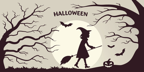 Halloween horizontal banner with vector logo. The inscription with ominous tree branches, bats and a pretty witch on a background of the full moon.