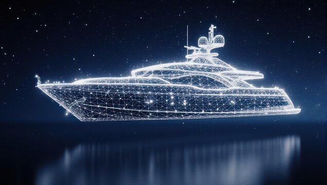 Stunning 3D wireframe luxury yacht glowing against a starry night sky, reflecting on calm water - Powered by Adobe