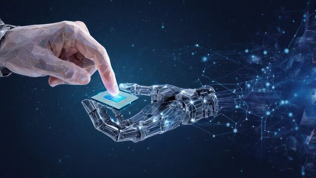 Futuristic robotic hand presenting a glowing microchip, symbolizing AI innovation and advanced technology integration in business.