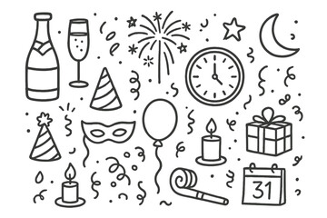 New Year's Doodles. Hand-drawn doodle illustration New Year’s Eve celebration [champagne bottle, glass, clock, fireworks, star,