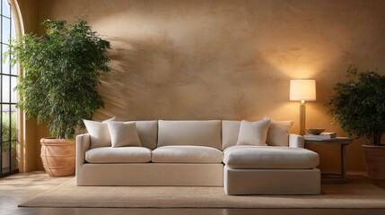 Obraz premium Modern and Stylish Living Room with Cream Sofa, Elegant Lighting, and Lush Green Plants in Warm Atmosphere