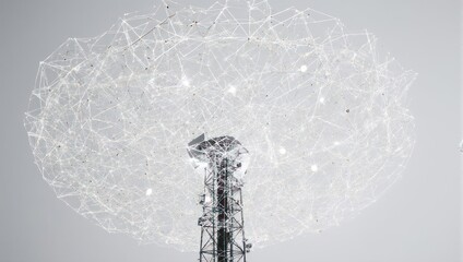 Dynamic abstract network sphere surrounds towering communication tower, symbolizing global connectivity and modern technology.