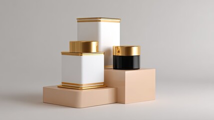 Elegant Arrangement of Skincare Containers in Minimalist Studio Setting with Neutral Tones and Gold Accents
